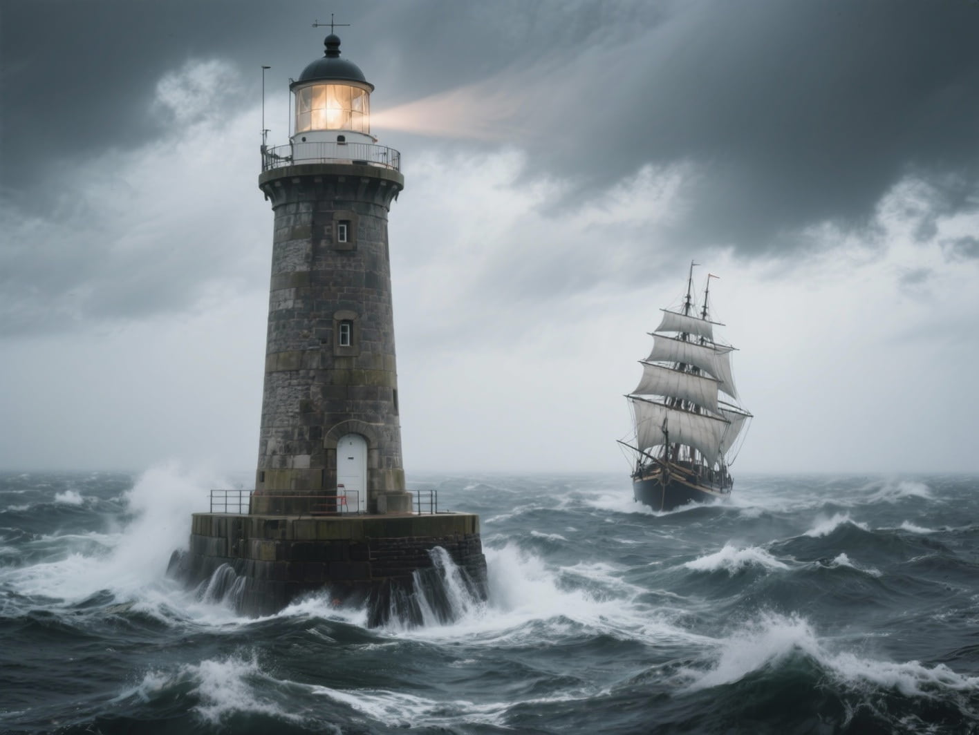 Un faro robusto en medio de un mar tormentoso, con un barco navegando con confianza en la distancia, simbolizando la guía y la estabilidad frente al caos.