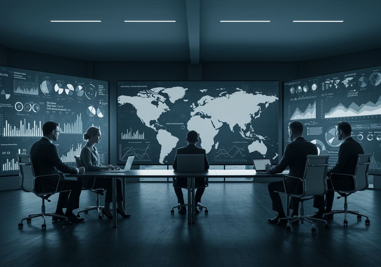 Un equipo ejecutivo en una sala de juntas moderna con pantallas holográficas que muestran métricas de riesgo y oportunidades en un mapa mundial, simbolizando la toma de decisiones estratégica y global.