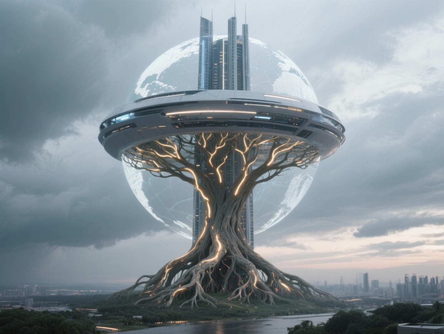 Un rascacielos futurista con raíces luminosas que se extienden por el globo, conectando y estabilizando la estructura frente a un cielo dramático, simbolizando la anti-fragilidad.