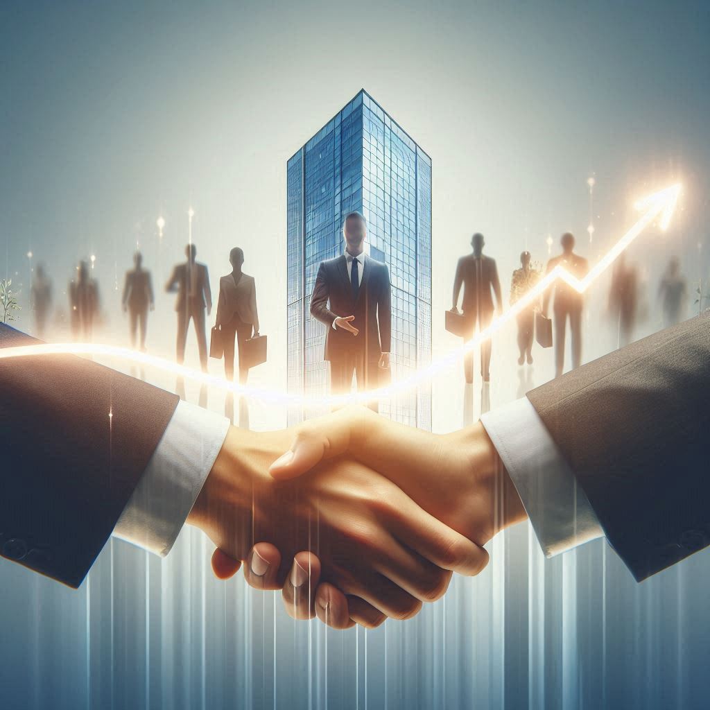 Un apretón de manos entre un cliente (icono de persona) y una empresa (icono de un edificio) sobre una línea de tendencia ascendente y sin fricciones, simbolizando el contrato de confianza.
