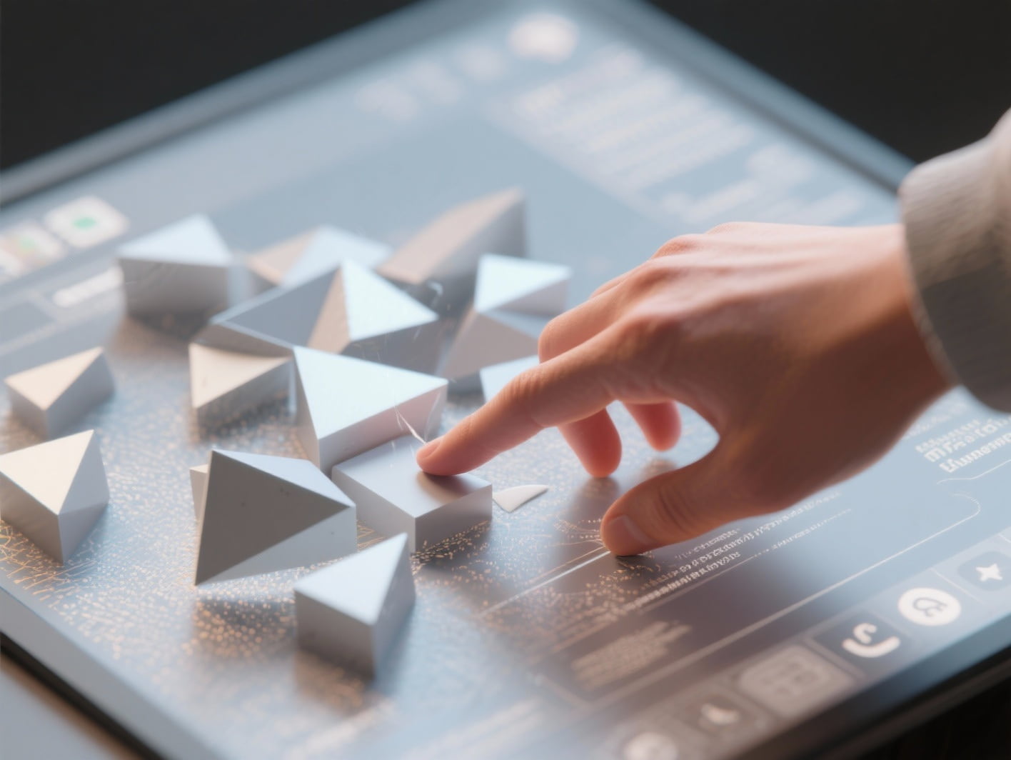 Una mano pasando suavemente sobre una superficie digital eliminando obstáculos (formas geométricas en 3D), simbolizando la eliminación de la fricción en la experiencia.