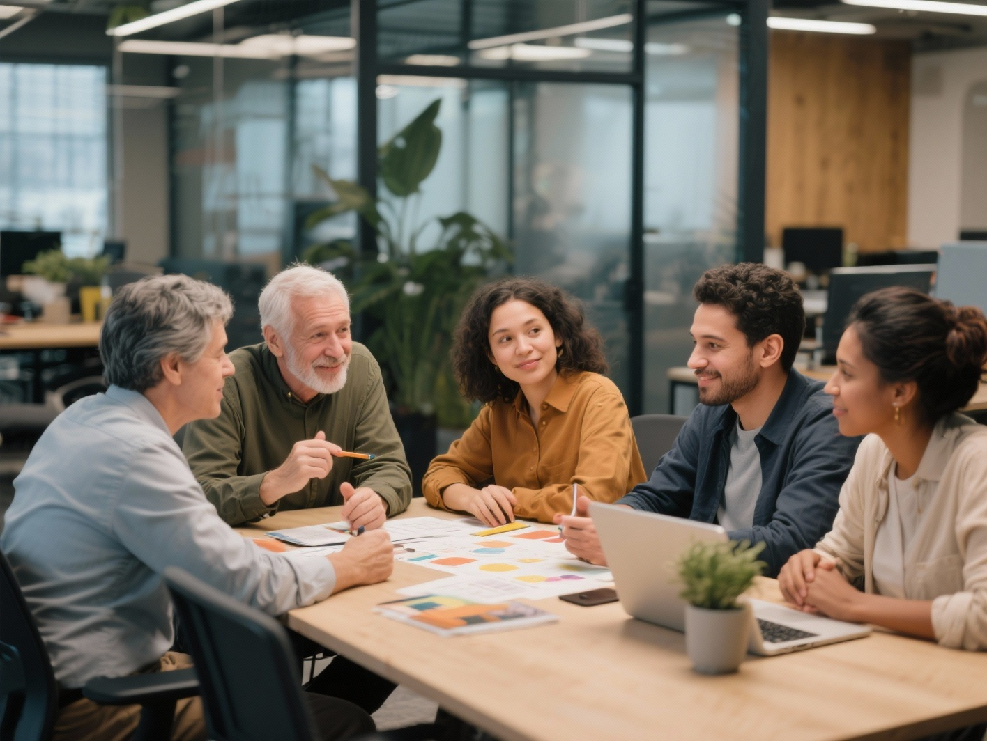 Una escena de colaboración en un entorno de oficina moderno e inclusivo. Muestra a un equipo pequeño y diverso (edad, género, etnia) sentado alrededor de una mesa o pizarra, donde todos están hablando o contribuyendo activamente a una idea. El enfoque debe estar en la escucha activa y la participación igualitaria.