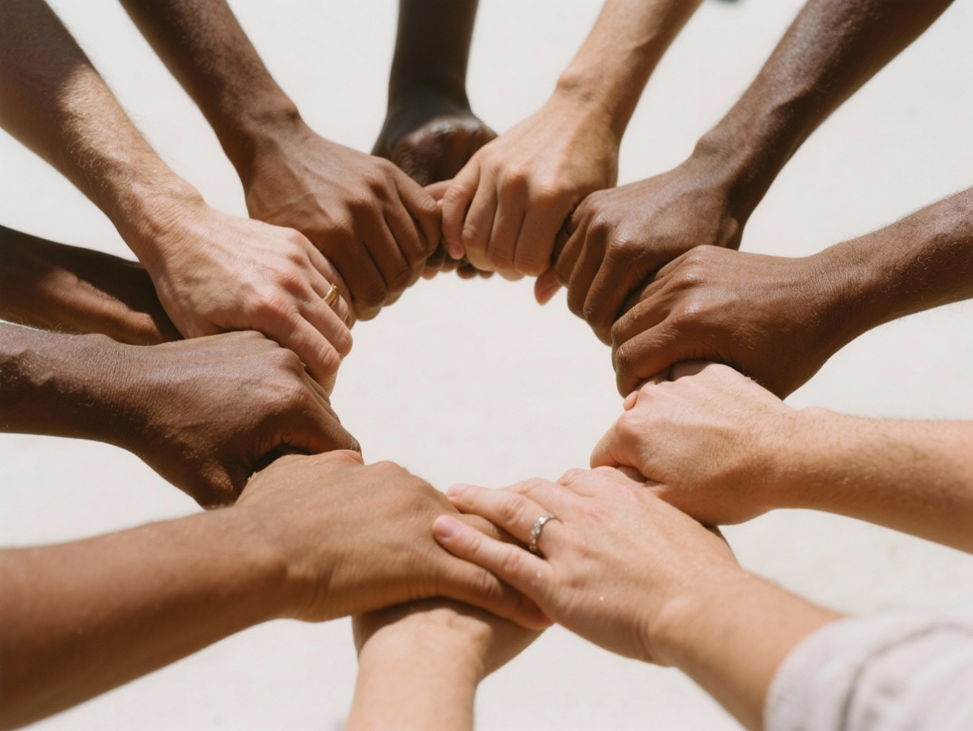 Diversidad de personas y perspectivas. Círculo de manos de diferentes tonos de piel entrelazadas o elevándose juntas, formando un patrón de colores brillantes y superpuestos, simbolizando la unidad y la riqueza de la diferencia.