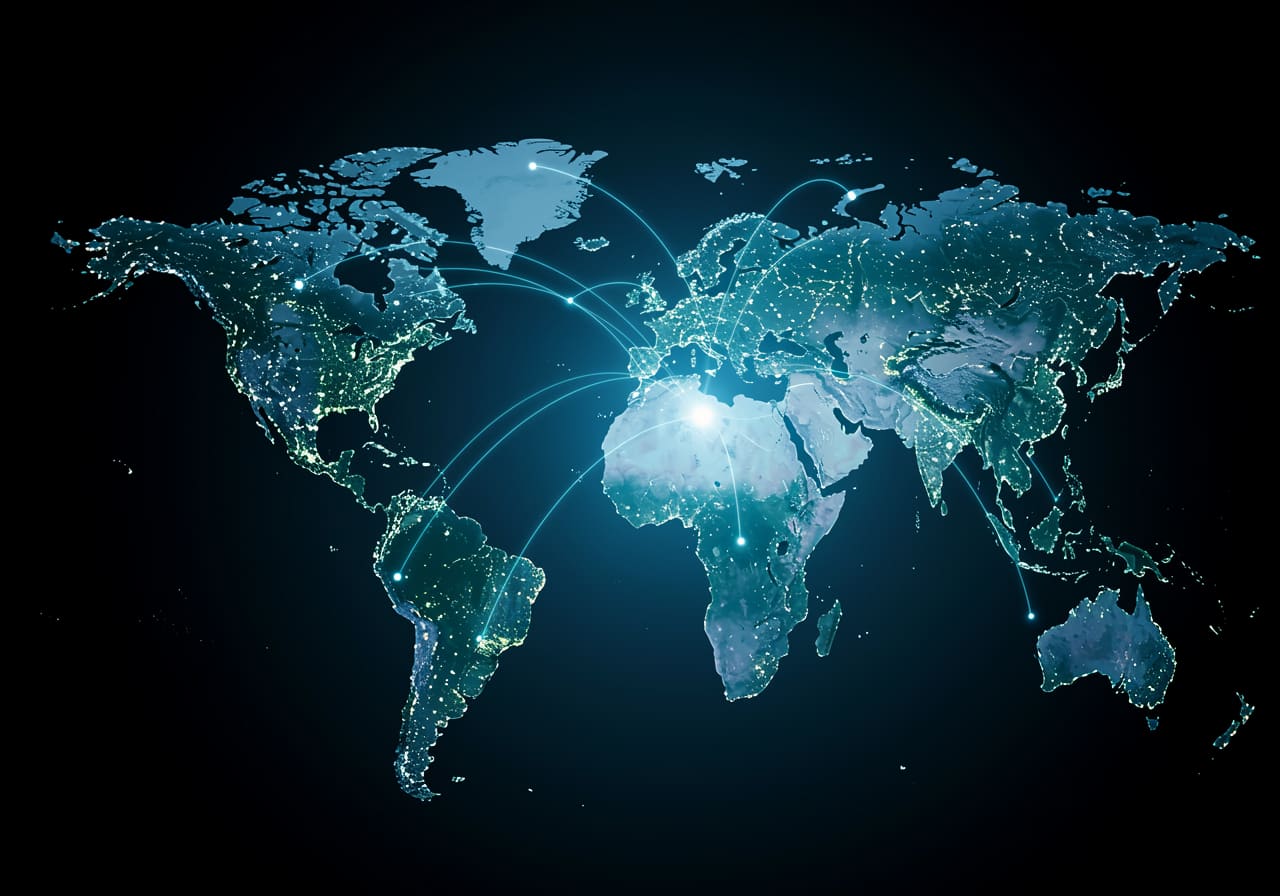 Un mapa mundial digital iluminado con líneas de conexión y flechas de crecimiento que se extienden desde un punto central (el mercado local) hacia varias regiones clave. La imagen transmite un sentido de estrategia, conectividad y movimiento global calculado