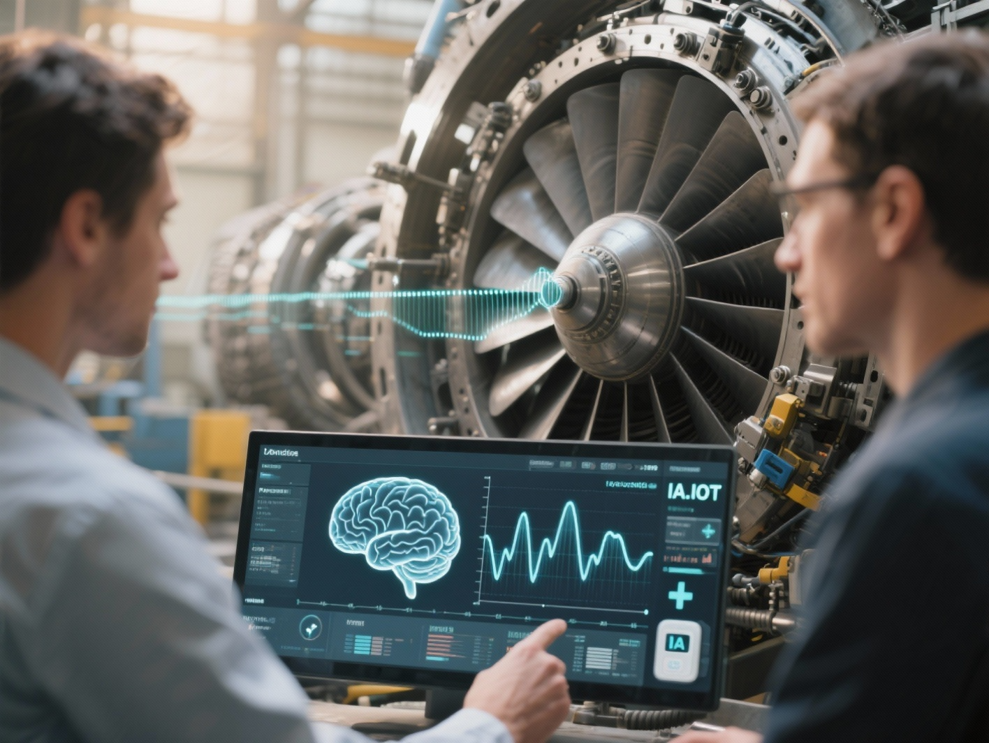 una fábrica moderna o línea de producción con una capa de datos digitales. Podría mostrar una planta de fabricación de alta tecnología con sensores o hubs de datos flotando digitalmente sobre la maquinaria, simbolizando la fusión de la fabricación física con la inteligencia digital.