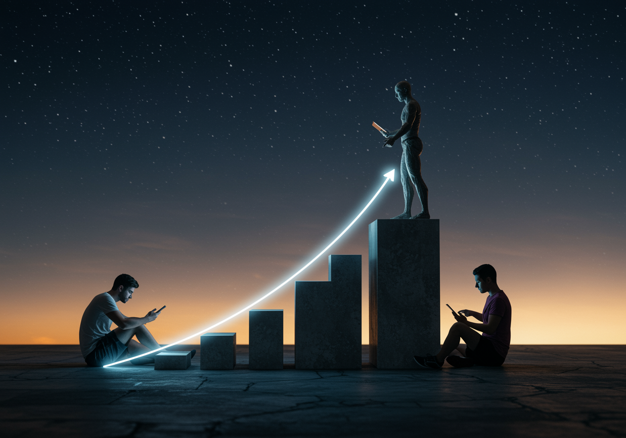 Una flecha de crecimiento de color brillante que se eleva desde una tabla de datos. La flecha se dirige hacia un horizonte despejado, y en la base hay elementos de colaboración humana (personas mirando datos en tabletas) y tecnología. Simboliza el aumento de la eficiencia y la posición de liderazgo en el mercado