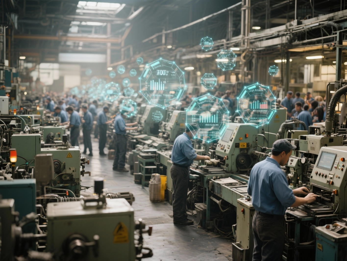 Una imagen que combina una fábrica moderna o línea de producción con una capa de datos digitales. Podría mostrar una planta de fabricación de alta tecnología con sensores o hubs de datos flotando digitalmente sobre la maquinaria, simbolizando la fusión de la fabricación física con la inteligencia digital.