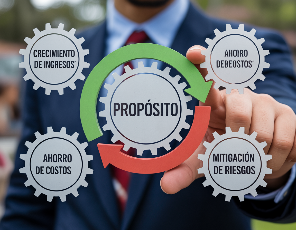 Un diagrama circular o un engranaje que muestra cómo los diferentes elementos de la estrategia se cruzan. Podría mostrar un círculo central de "Propósito" que impulsa tres engranajes circundantes: "Crecimiento de Ingresos", "Ahorro de Costos" y "Mitigación de Riesgos", con una flecha verde de flujo de retorno.