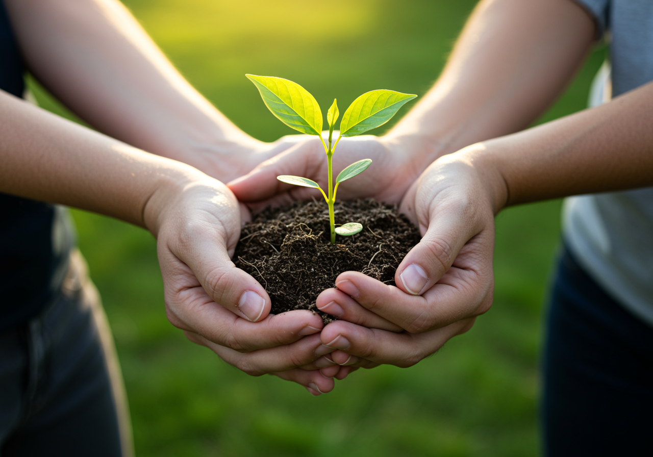 manos diversas y colaborativas sosteniendo una pequeña plántula o brote verde. La luz del sol brillante debe caer sobre la escena, simbolizando la esperanza, el crecimiento a largo plazo y la confianza ganada de los stakeholders
