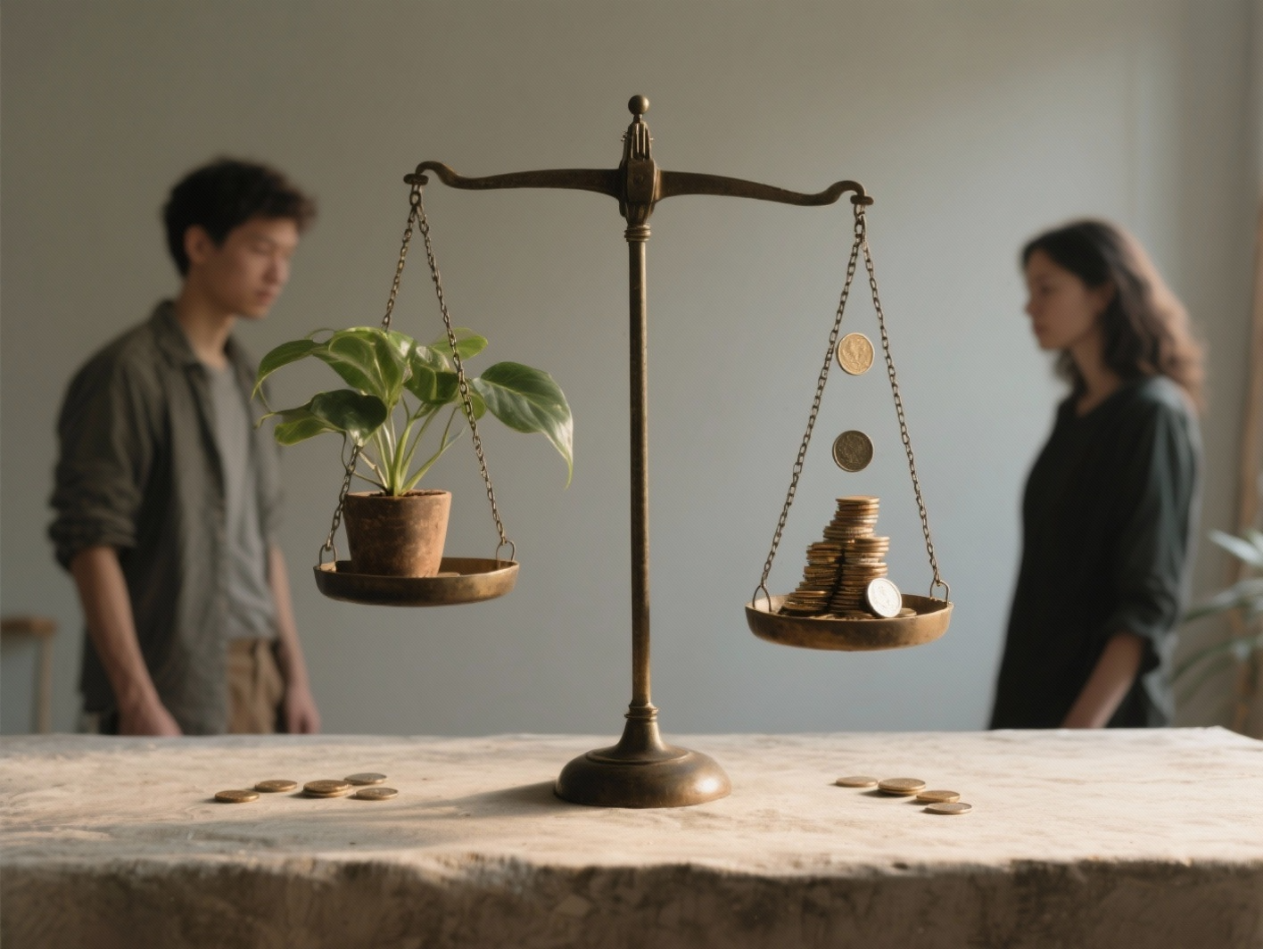 Una balanza perfectamente equilibrada. En un platillo, hay monedas o un signo de dólar (simbolizando la Rentabilidad/Finanzas). En el otro platillo, hay una planta, una hoja o el símbolo de la Tierra (simbolizando el Propósito/Medio Ambiente)