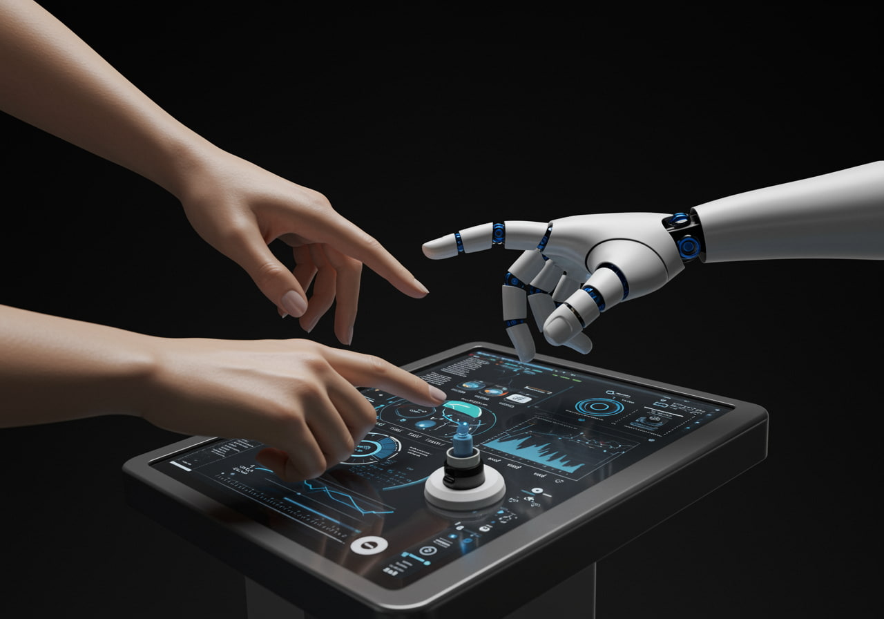 Dos manos (una humana y una robótica/holográfica) unidas en un gesto de colaboración sobre un panel de control lleno de datos y métricas de satisfacción del cliente (NPS, CES)