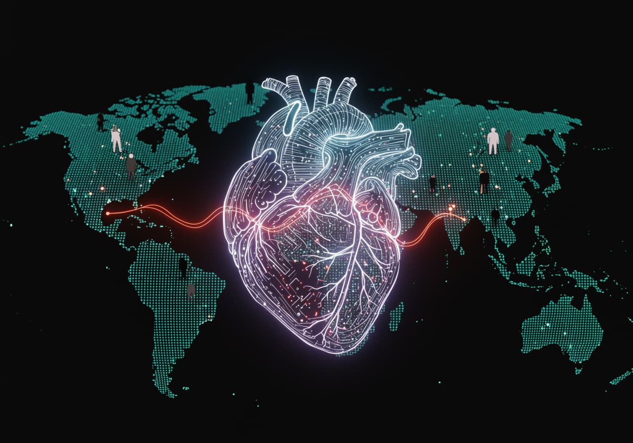 IUn corazón digital (diseño minimalista con líneas de datos y código) latiendo sobre un fondo global, simbolizando la unión de la tecnología y la emoción en CX.