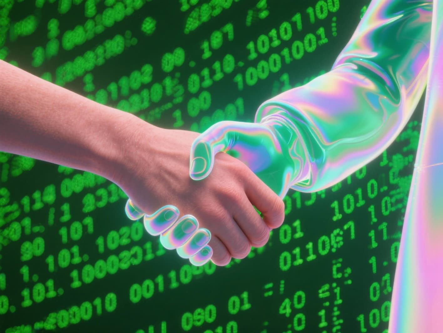 Un apretón de manos digital (una mano real y una mano holográfica) sobre un fondo de código binario o datos, simbolizando la unión del talento humano y la tecnología.
