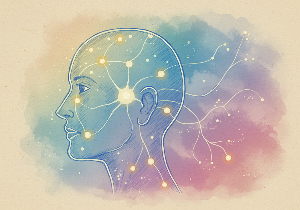 red de conexiones neuronales o luminosas superpuestas a un perfil humano, simbolizando el potencial y la interconexión del talento humano.