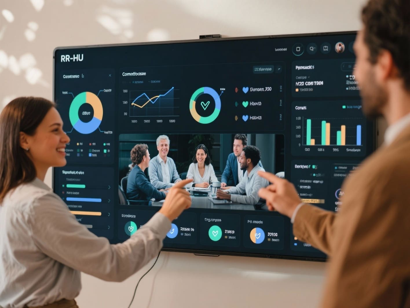 Un "tablero de control" de RR.HH. en una pantalla táctil, mostrando métricas de engagement, productividad y bienestar de equipos distribuidos geográficamente