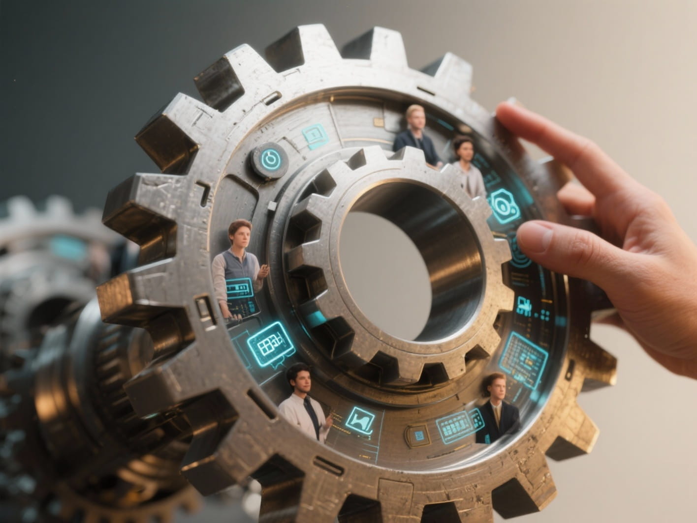 Un gran engranaje metálico girado por una mano humana, con pequeños iconos digitales (AI, Data, Cloud) incrustados en los dientes del engranaje, simbolizando la integración estratégica de lo humano y lo tecnológico