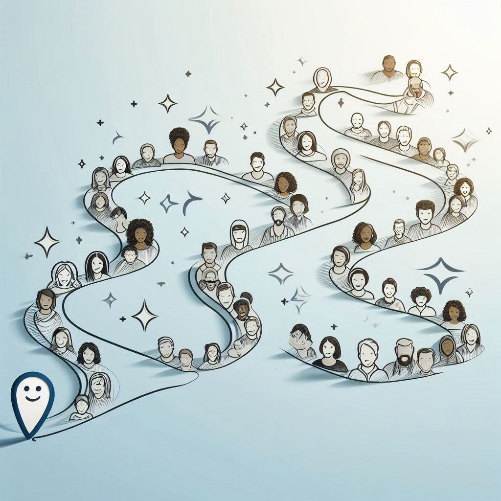 Una línea de tiempo que se dibuja fluidamente sin interrupciones, con un pequeño icono de satisfacción (cara sonriente) al final, simbolizando la CX fluida